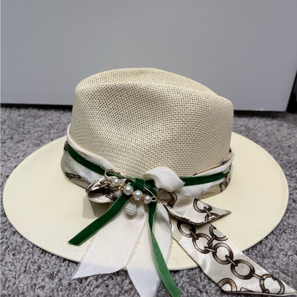 Custom designed Elegant Cream and Green Women's Fedora hard shell hat